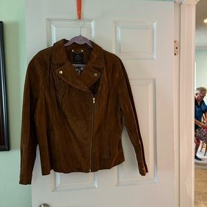 Isaac Mizrahi, suede motorcycle jacket with printed lining